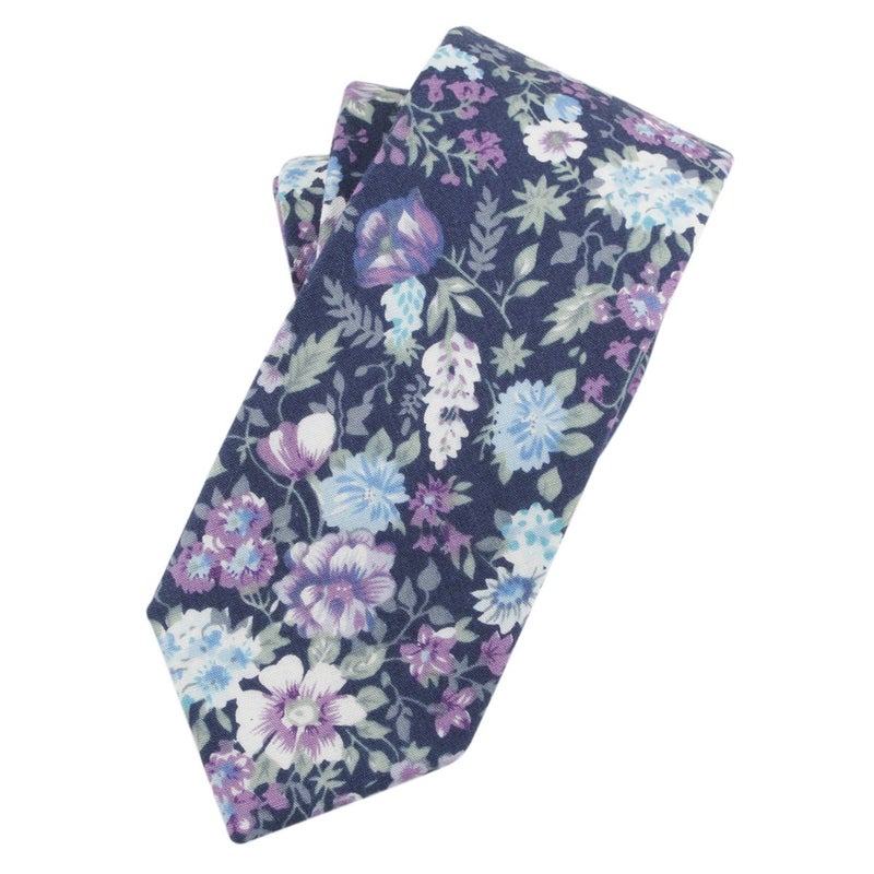 Secdtie Men's Cotton Blue Purple Floral Wedding Novelty Tie Printed Flower 2.4'' Skinny Narrow Neckties - Image 3